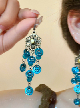 孔雀蓝色风铃贝壳流苏耳环女异域民族风夸张耳饰海边度假耳坠耳钉