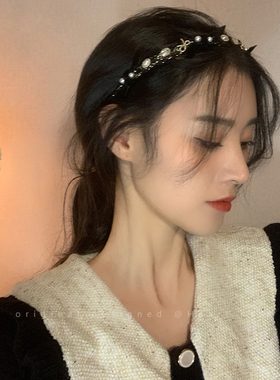 千金小香风黑色珍珠丝绒发箍女百搭高颅顶新款发饰高级感头饰头箍