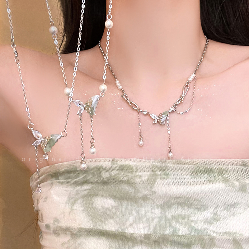 薄荷绿蝴蝶流苏珍珠项链女超仙清冷感叠戴锁骨链甜酷辣妹纯欲颈链