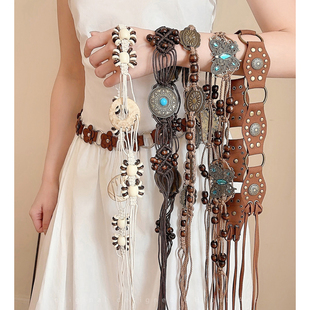 波西米亚棕色花朵蝴蝶编织腰链女复古民族风配裙子腰带设计感腰绳