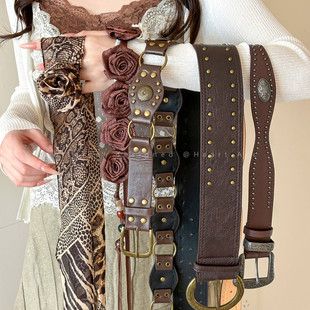 复古西部风棕色铆钉腰带女穿搭花朵腰链腰绳配裙子牛仔裤腰封配饰