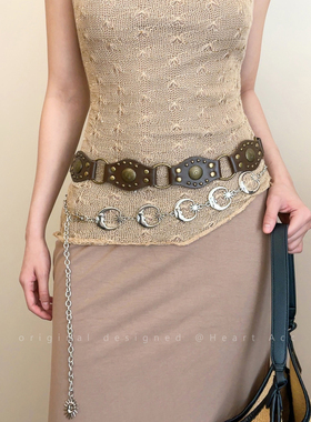 美式复古棕色铆钉蝴蝶腰带女2025新款配牛仔裤皮带百搭连衣裙腰链