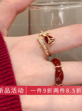 红色滴釉精致玫瑰花开口戒指女复古叠戴食指戒秋冬高级感设计指环