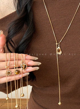 爱心虎眼石长款抽拉项链女复古美拉德气质毛衣链秋冬高级感配饰品