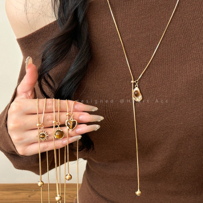 爱心虎眼石长款抽拉项链女复古美拉德气质毛衣链秋冬高级感配饰品