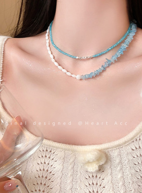 蓝色系~纯欲风串珠蝴蝶结小花项链女2025新款小众设计锁骨链颈链