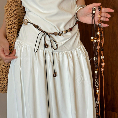 波西米亚民族风复古编织腰链新中式棕色串珠腰带女配裙子腰绳配饰