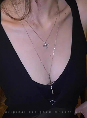欧美辣妹！银色十字架叠戴项链女暗黑冷淡风个性锁骨链高级感配饰