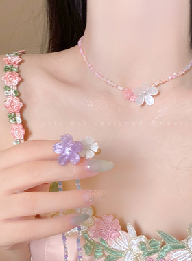云雾花涧~彩色串珠花朵吊坠项链女森系小清新锁骨链甜美气质颈链