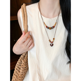 复古木质串珠吊坠项链女小众设计感民族风配饰时尚长款百搭毛衣链