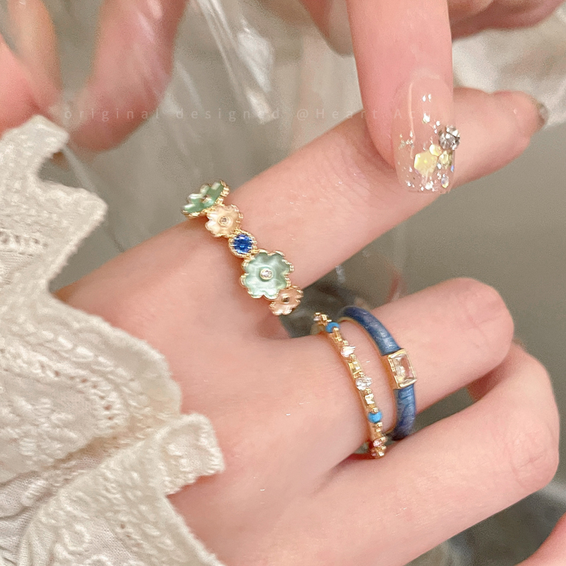 超显白蓝色锆石花朵开口戒指女轻奢小众设计食指戒高级感叠戴指环