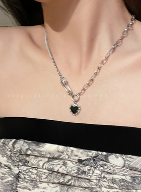 黑色爱心钛钢项链女小众设计长款卫衣链甜酷风辣妹百搭锁骨链配饰