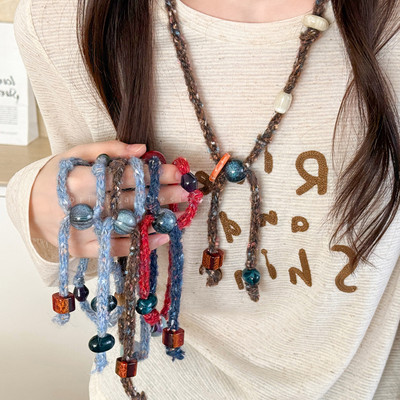 针织毛线串珠抽拉项链女款小众独特设计感毛衣链复古个性挂脖配饰