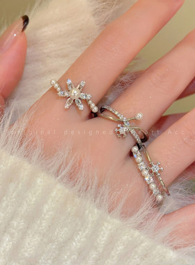 雪花锆石双层开口戒指女款小众精致高级感时尚食指戒秋冬百搭指环