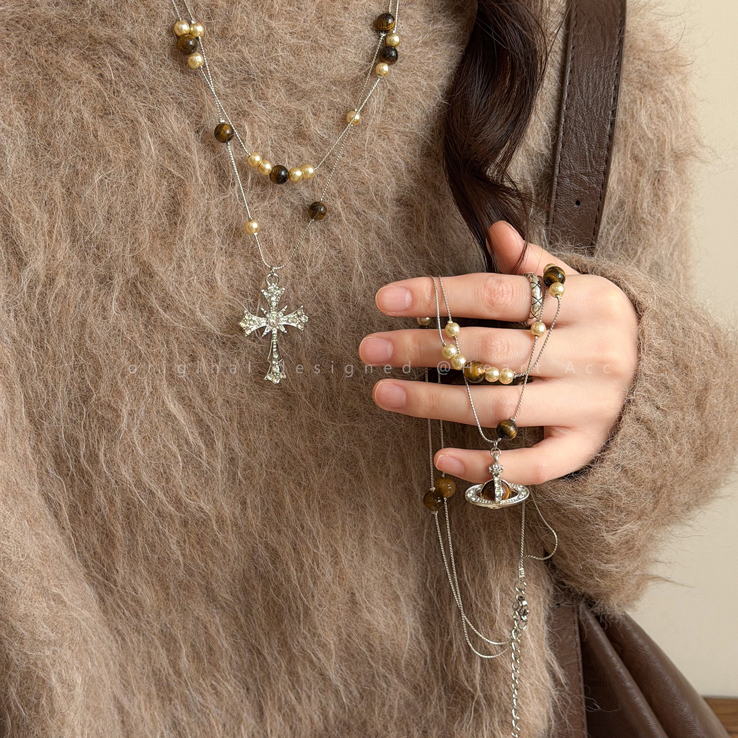 虎眼石珍珠双层叠戴西太后项链女秋冬美拉德高级感气质毛衣链配饰