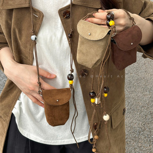 美拉德棕色麂皮绒小包项链女可拆卸斜跨单肩包包毛衣链零钱包配饰