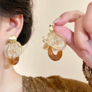 暮秋~美拉德咖色网纱花朵耳环女复古独特气质耳钉小众高级感耳饰