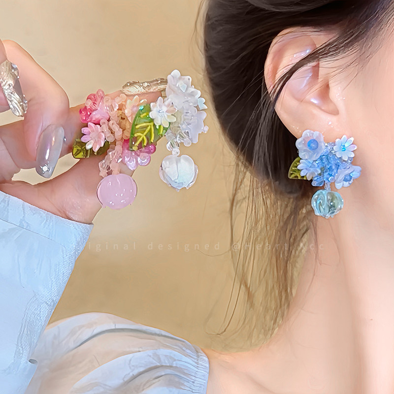 多巴胺串珠花朵银针耳钉女森系甜美气质耳环小清新度假风高级耳饰