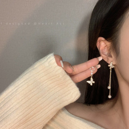 不对称蝴蝶流苏耳钉女款轻奢小众设计感高级耳饰韩国气质独特耳环