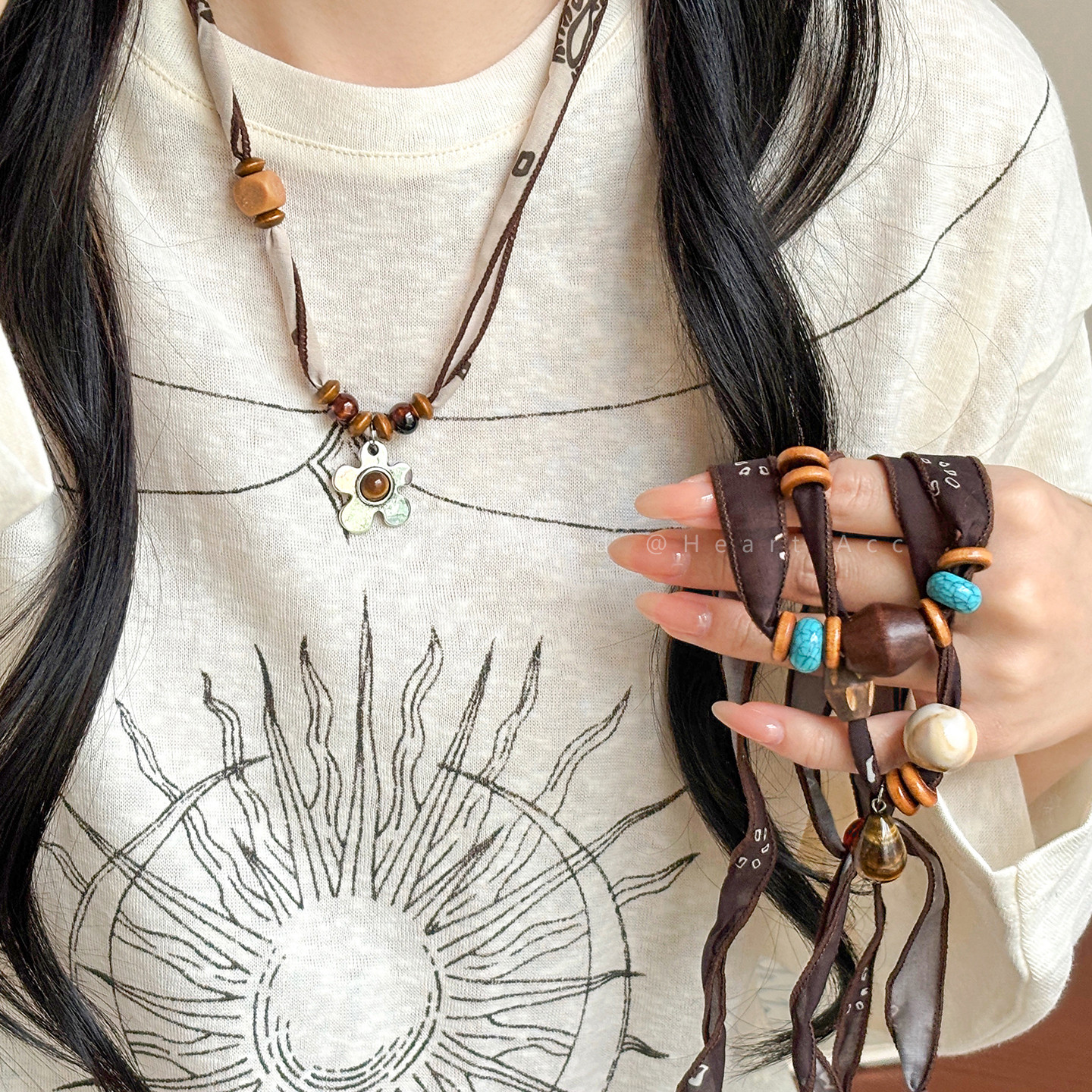 波西米亚腰果丝巾项链女独特设计感围脖配饰2025新款可调节毛衣链