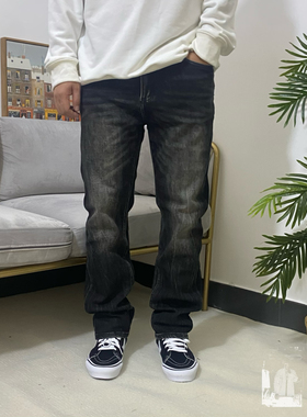 wassup bmc美式高街牛仔裤男秋冬季潮流黑色直筒小众百搭拖地长裤
