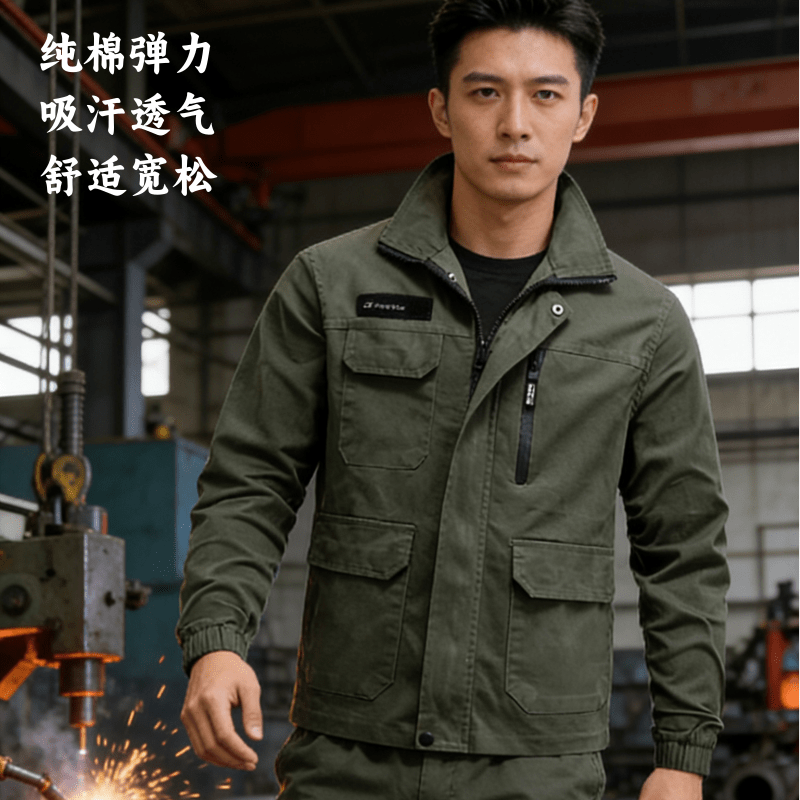 春秋纯棉弹力迷彩工作服男套装电焊工防烫耐磨加裆工地劳保服工装