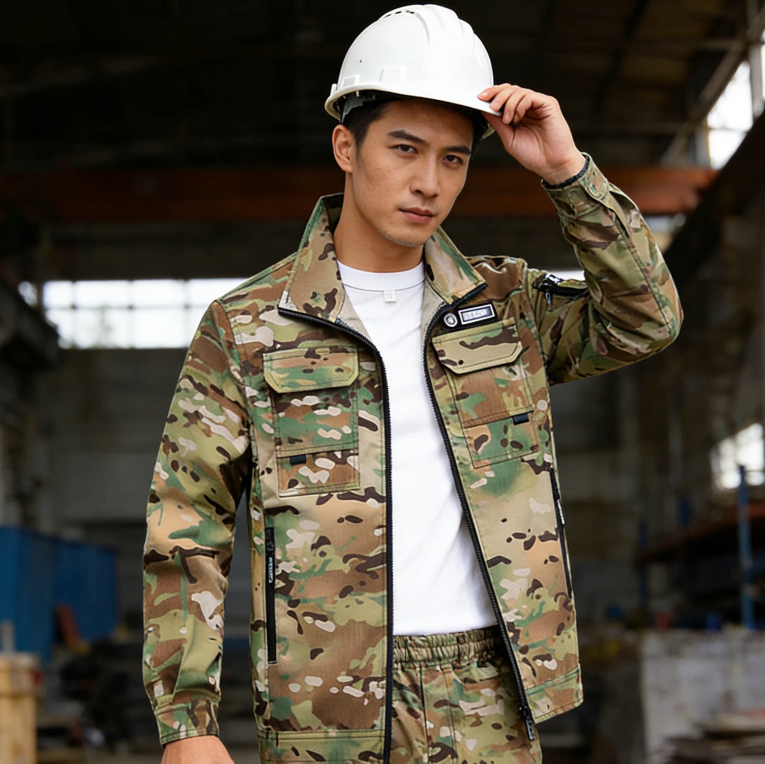 春秋耐磨迷彩服工作服套装男工装劳保服汽修工地工人户外加厚网格