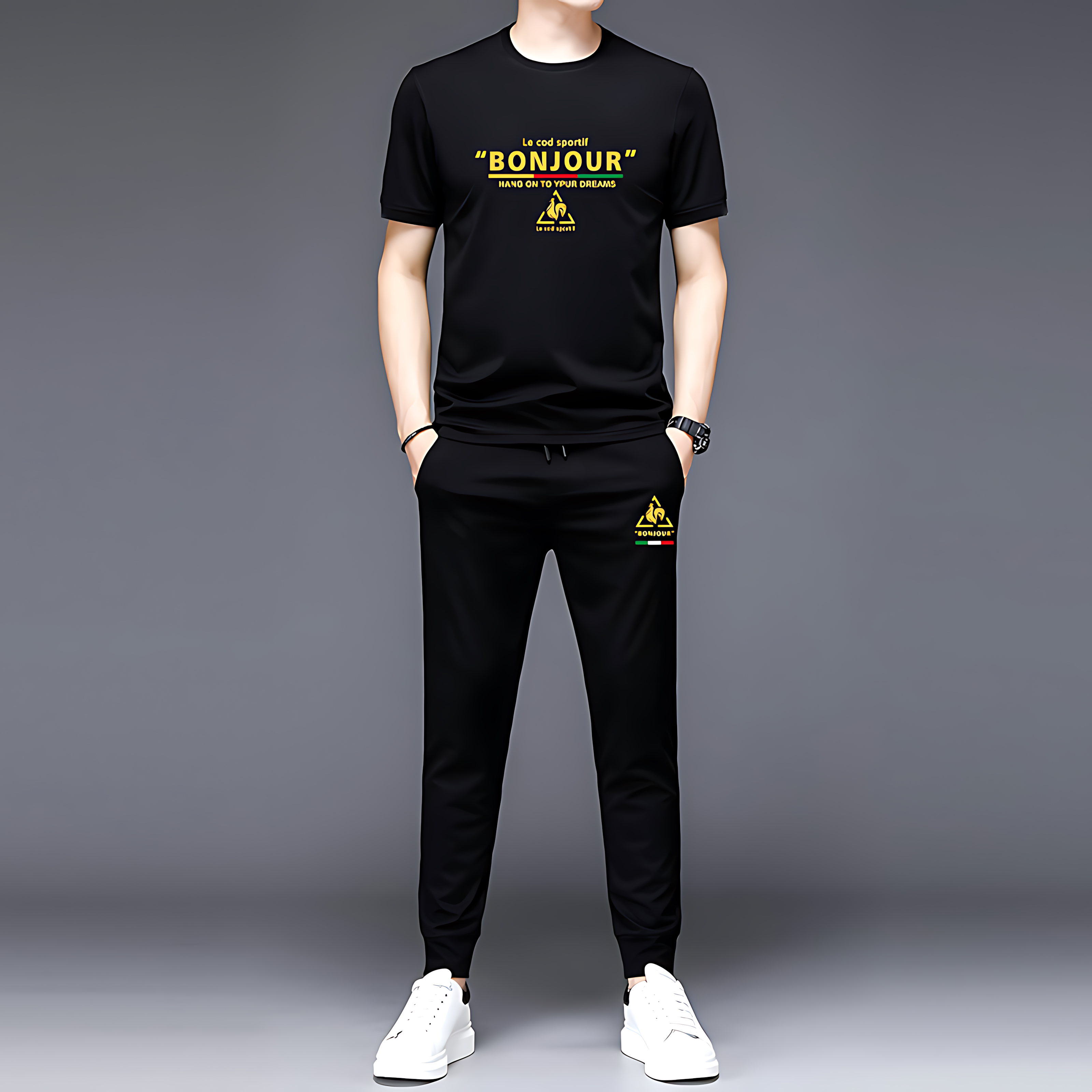 夏季冰丝休闲套装圆领短袖长裤两件套百搭运动男士套装潮T恤上衣