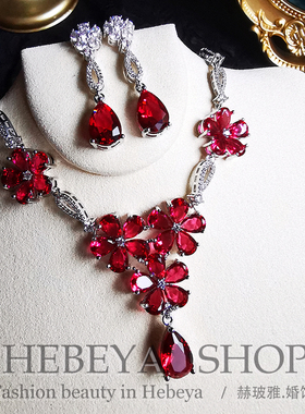 红色旗袍项链~新中式高端珠宝新娘礼服锆石耳环项链套装 可改耳夹