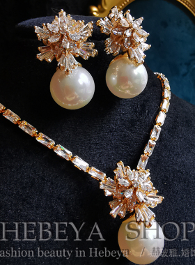 法式超闪大珍珠~新娘婚纱礼服锆石耳环项链套装结婚首饰 可改耳夹