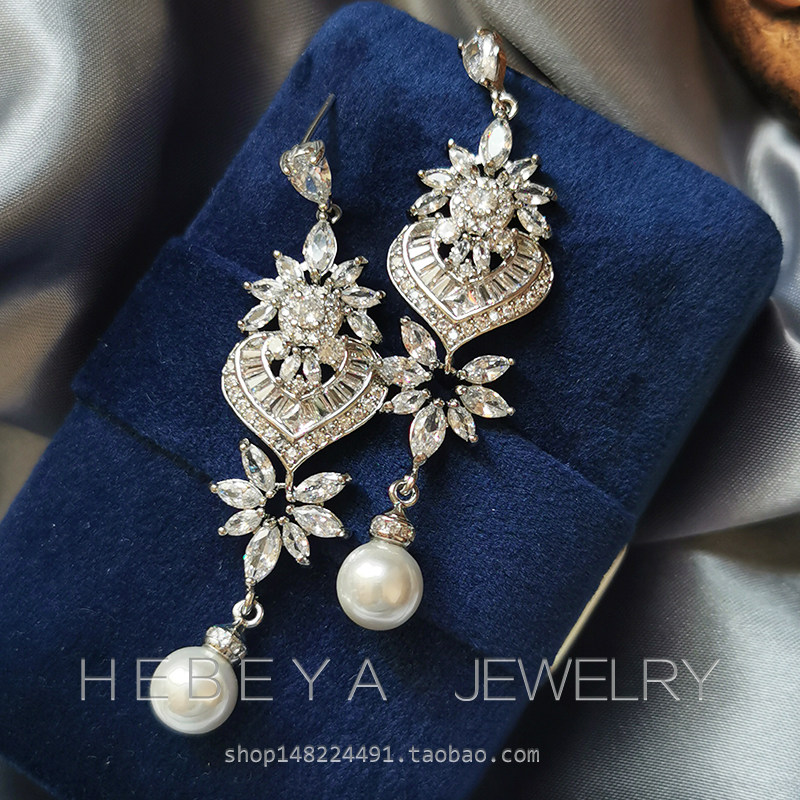 3A锆石高级感宫廷复古超闪优雅耳坠珍珠耳环无耳洞耳夹长款耳饰