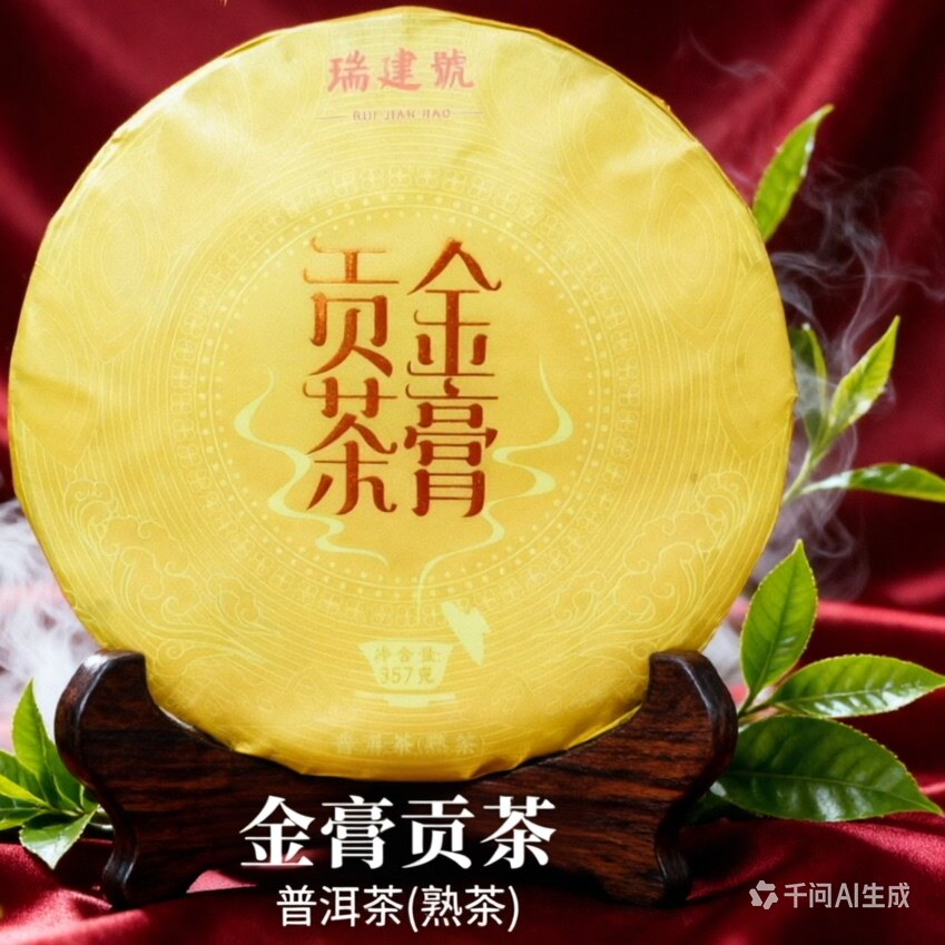 瑞建号金膏贡茶普洱熟茶357g云南古树茶膏糯米香浓郁七子饼商务礼