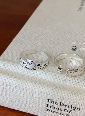 小众ins风亚银猫咪恶魔幽灵开口戒指女复古设计感可调节简约手饰