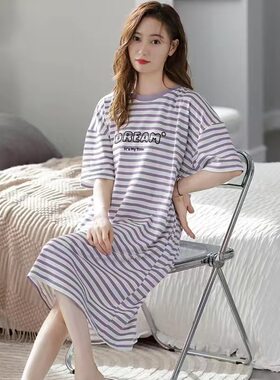 夏季纯棉短袖睡裙女可爱中长款