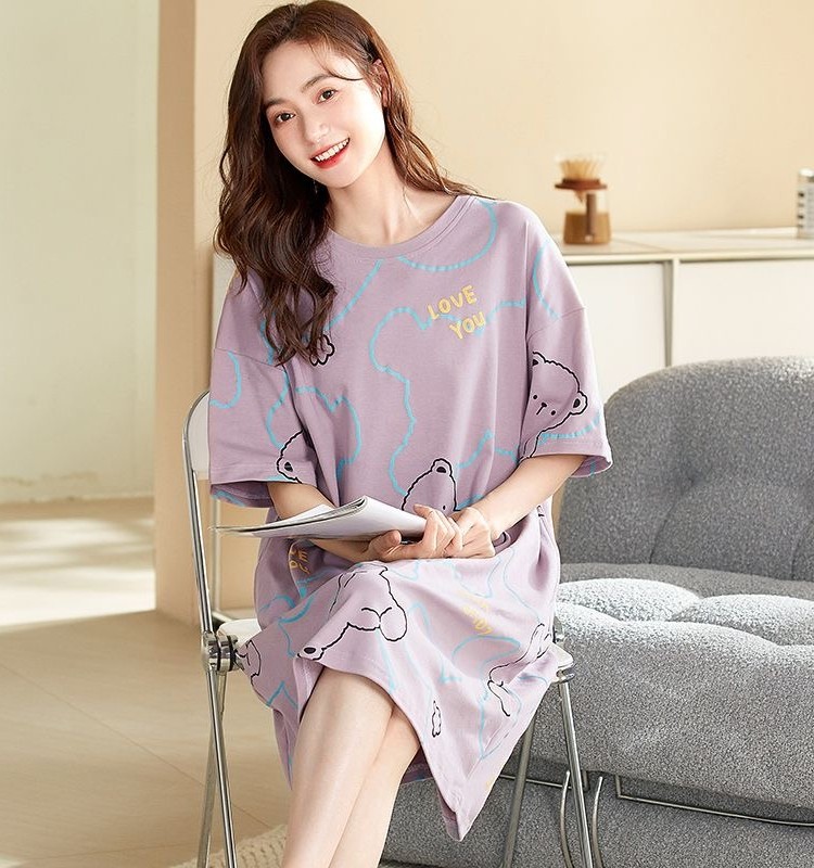 여성용 잠옷 여름 순수 코튼 여성용 반팔 잠옷 여름 귀여운 얇은 한국 스타일 임산부 지방 MM 대형 느슨한 봄 가을