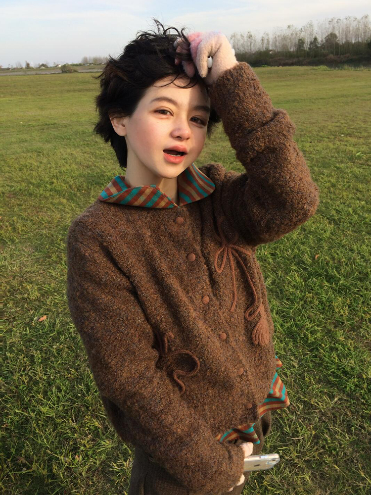 American Retro Sweater Cardigan for Women, New Autum Style, Lazy Style Short Outwear, Vintage Loose Knitted Top