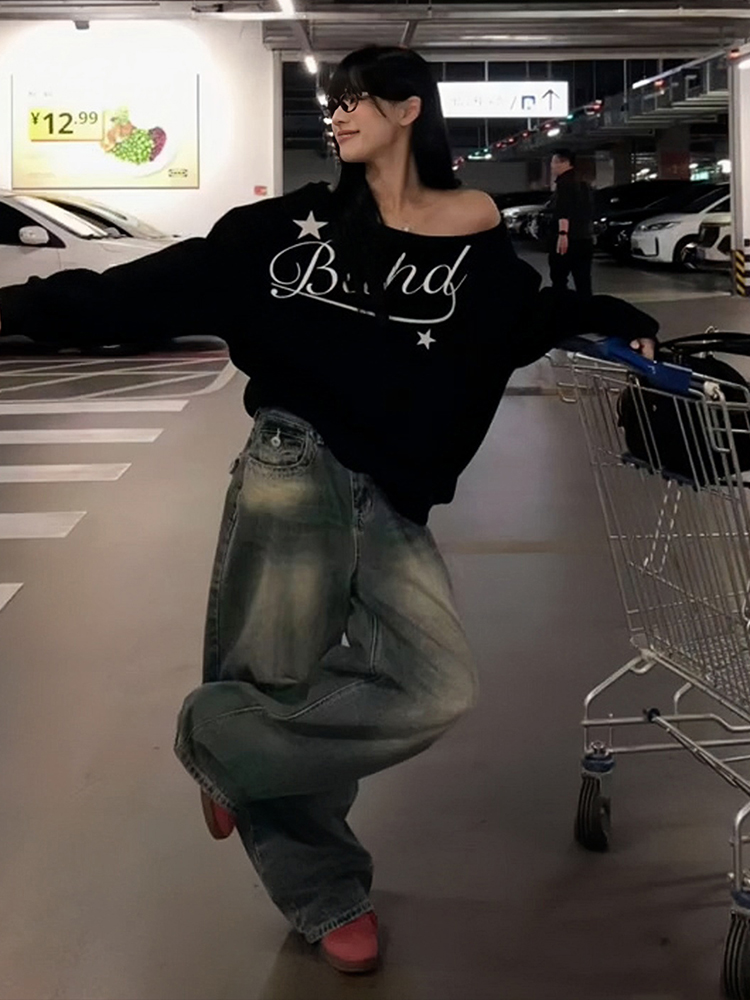 American-Style Streetwear Off-Shoulder Sweatshirt for Women, Autumn Wear, Letter Print, Long-Sleeved, Lazy Style, Loose, Slimming, Off-Shoulder Top