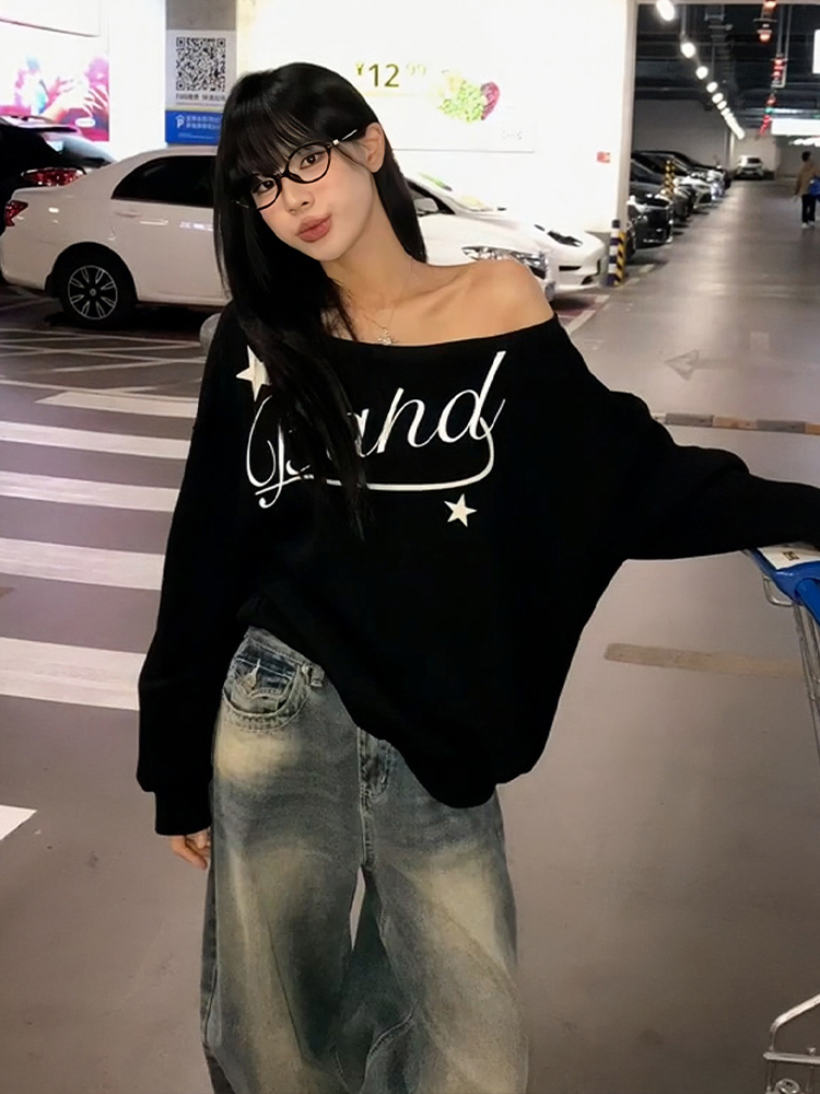 American-Style Streetwear Off-Shoulder Sweatshirt for Women, Autumn Wear, Letter Print, Long-Sleeved, Lazy Style, Loose, Slimming, Off-Shoulder Top