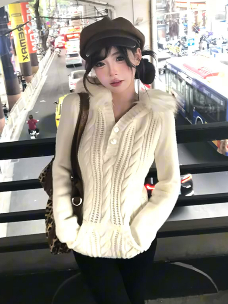 White Cable Knit Hooded Sweater for Women, Autumn and Winter, with Fur Collar, Vintage Slim Fit Inner Top