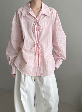 鹿西 韩系小清新气质设计感系带衬衫女早秋新款小众宽松上衣3715