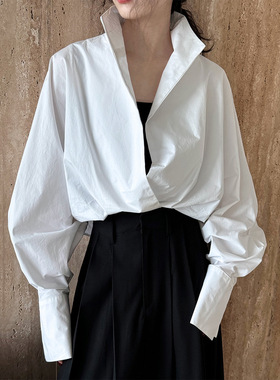 鹿西 廓形叠穿立领深V领白衬衫女慵懒蝙蝠袖气质大版通勤衬衣9618