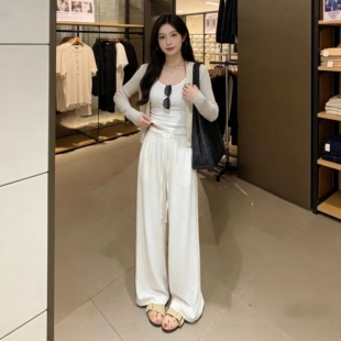 天丝亚麻直筒裤女2026春夏季新款小个子老钱风高腰垂感棉麻阔腿裤