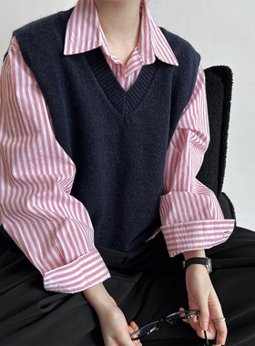 鹿西 叠穿针织马甲女新款百搭开叉背心马甲无袖上衣ss560