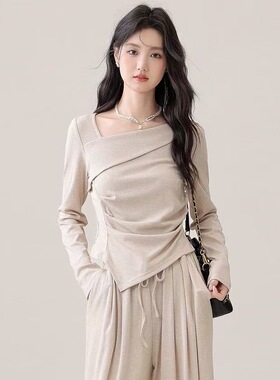 法式设计感斜领T恤女春修身气质收腰内搭显瘦打底衫褶皱洋气套装