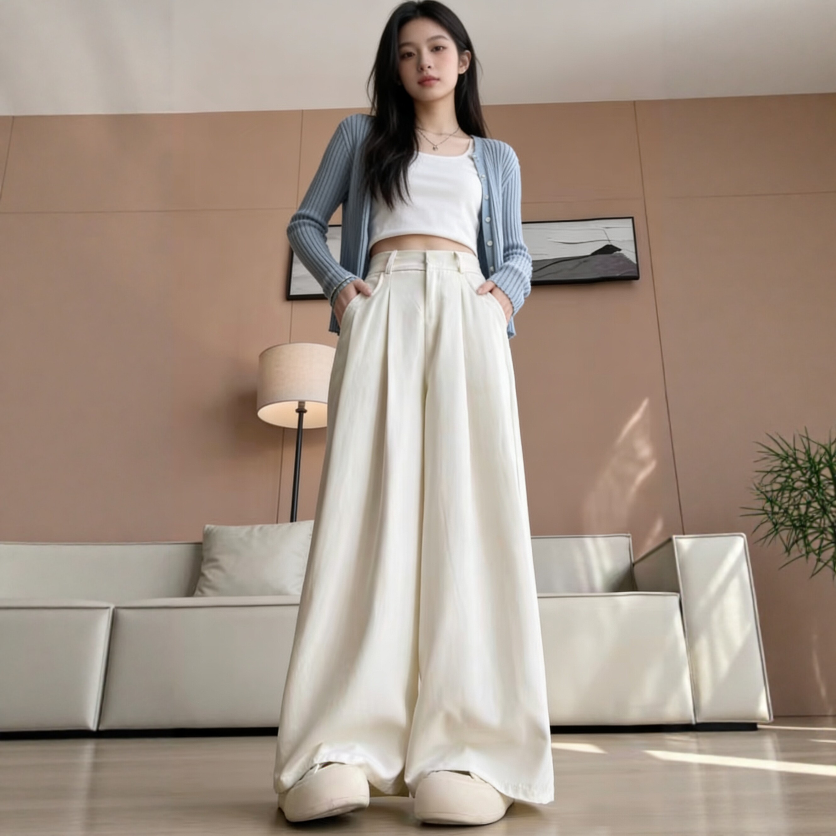 冰丝山本裤女夏季薄款2026新款高腰垂感宽松慵懒米白色西装阔腿裤
