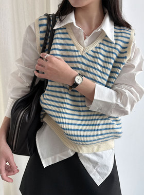 鹿西 气质V领撞色条纹毛衣女26早春新款百搭叠穿马甲针织衫ss985