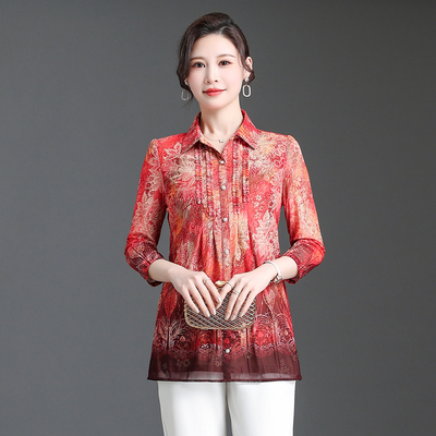 亚姿蔓妈妈装印花台湾纱洋气小衫