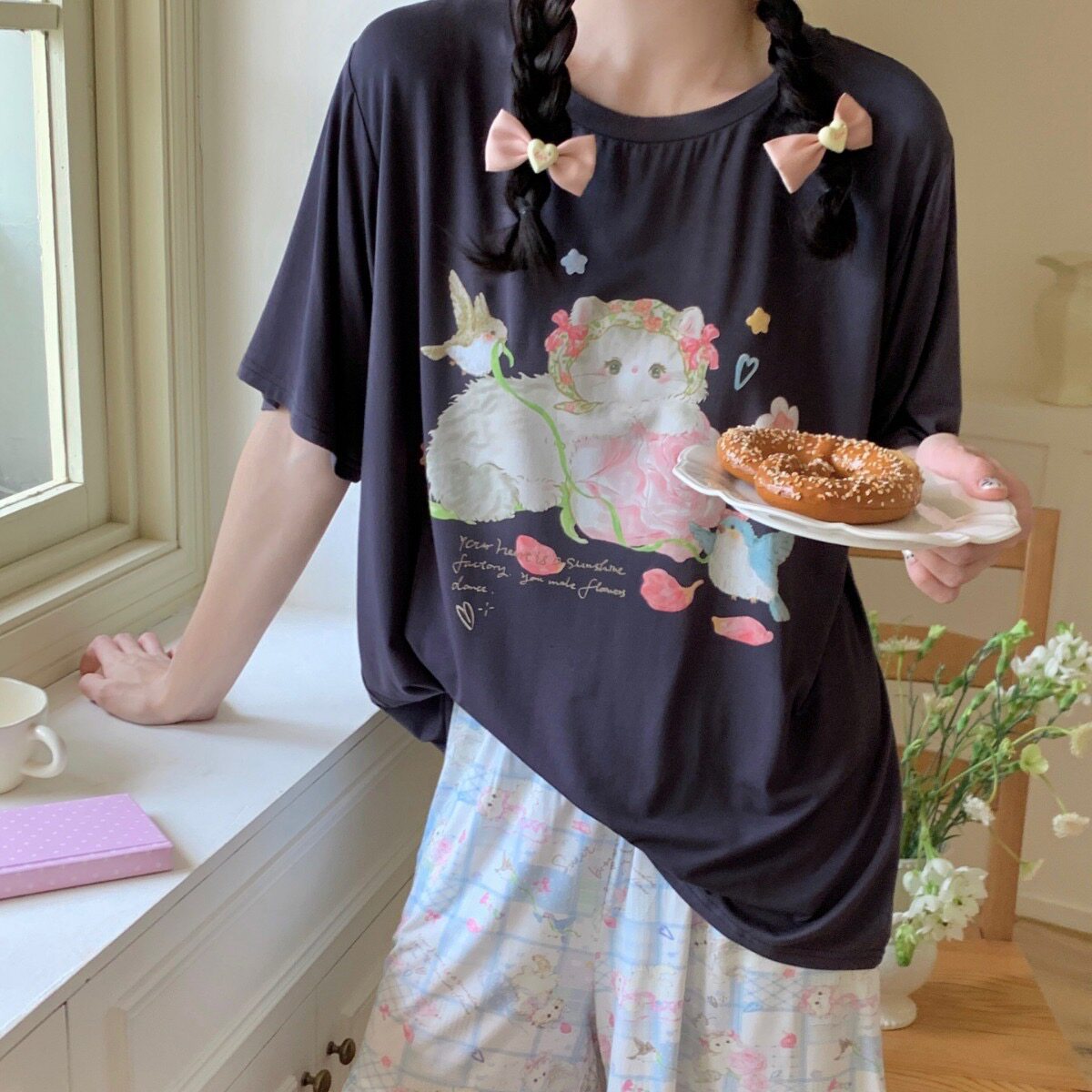 Reefur Rinka梨花家夏睡衣女莫代丝带猫咪尔卡通印花短袖短裤套装