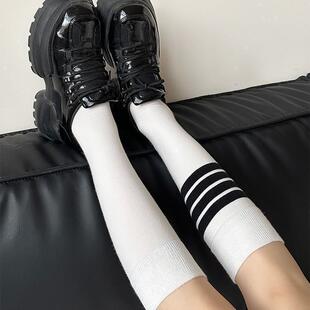 韩版学院风春夏季日系运动小腿袜不对称条纹及膝袜中筒袜过膝袜女