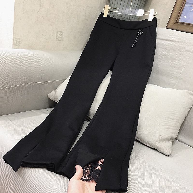 春装新款女裤脚开叉拼蕾丝中腰弹力修身显瘦微喇裤外裤打底裤